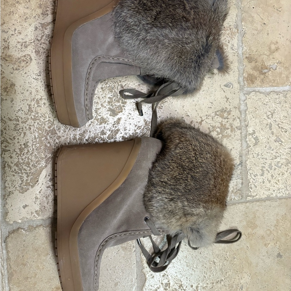 Coach Taupe Suede Wedge Winter Boots with Fur Cuff